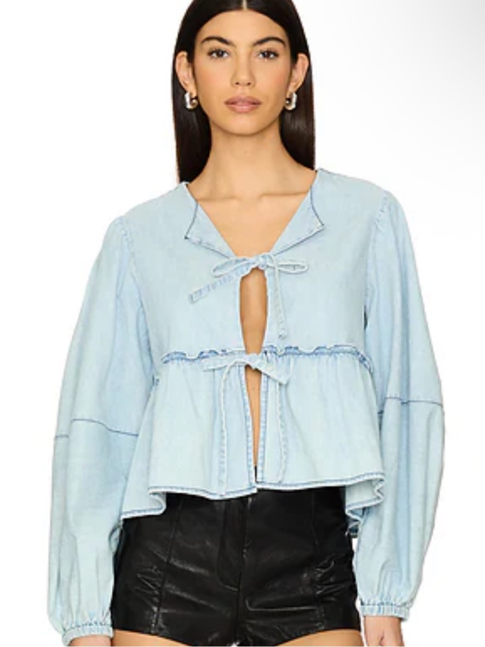 Free People Light Blue Tie-Front Peasant Top